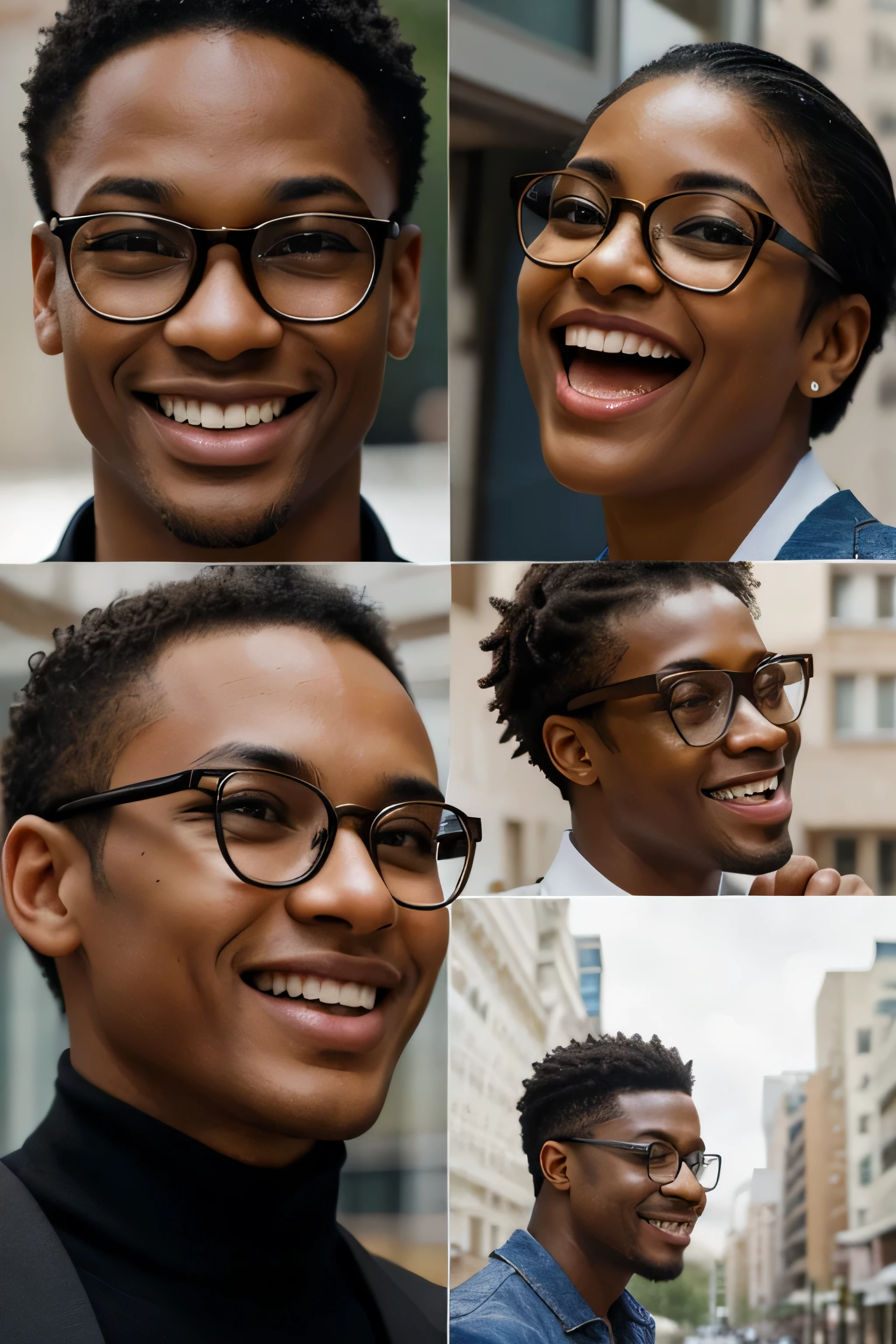 A cinematic photograph of four juxtaposed portraits of a young black man with short hair, in a vibrant urban setting. Each portrait captures a distinct phase of joy with different head positions and variation in the use of glasses: one frontal, without glasses, simply smiling warmly; a left winger, with glasses, laughing with joy with shining eyes; a right winger, without glasses, making an amused face; and a superior, with glasses, looking up with a radiant expression. The scene must include soft light that highlights the contours of the face, sharp details in HDR, with 8K resolution, emphasizing the texture of the skin and the shine of the glasses.