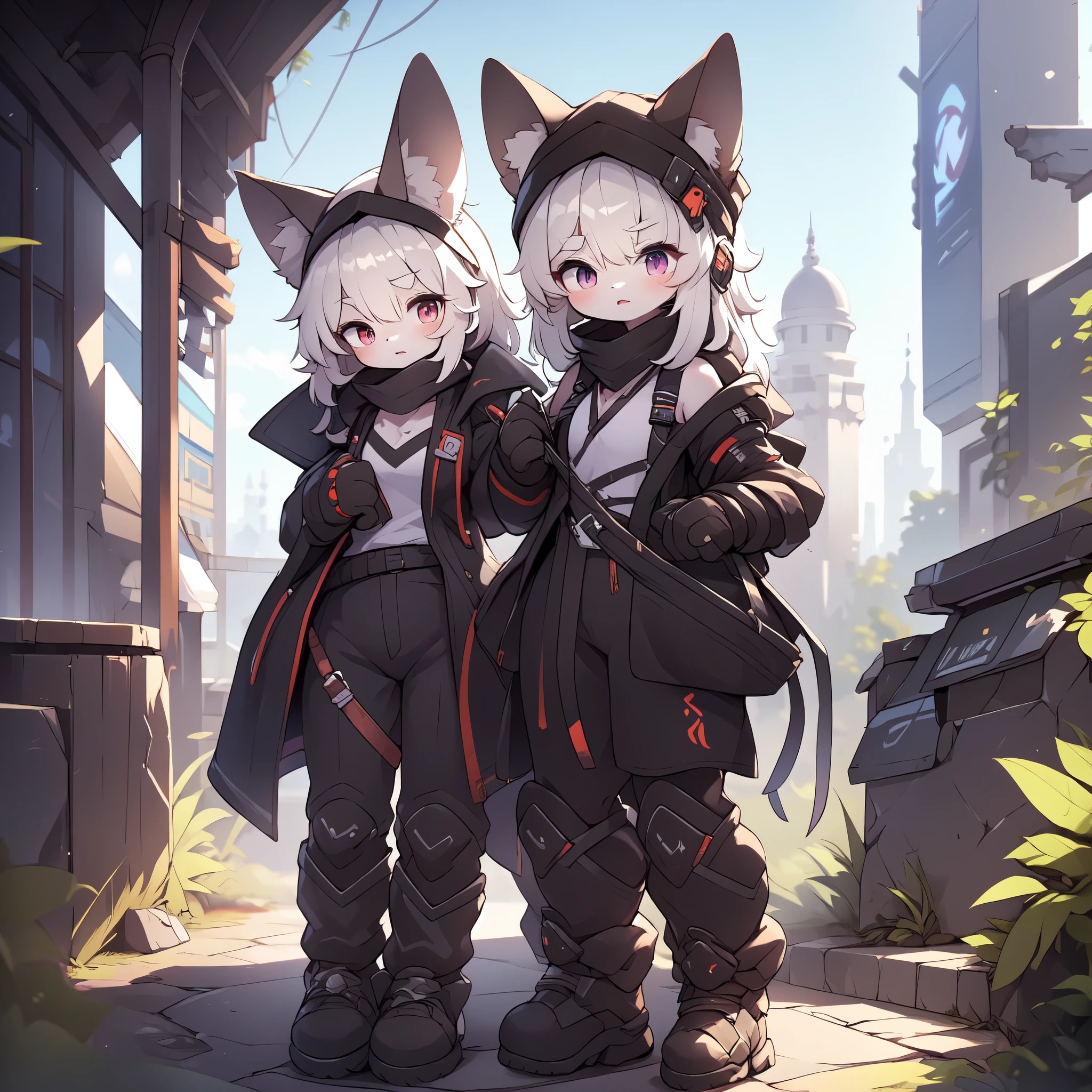 Kawaii, Striped Fluffy Fox, emaciated, long hair, 3girls, artificial synthetic skin, life support prosthetics, digital headphones, black tight latex bodysuit, white long dress, thigh-high-socks, shorts, loose off-the-shoulder hood open jacket, holsters in thigh, Mechanical boots, tactical knee pads, tactical belted loose Arm Sleeves, cybernetic Display gloves, chest rigs, tactical belts, blue archive halo, bulletproof goggles on forehead, from Ark nights, ray tracing, depth of field, bloom, masterpiece, ccurate, high details, highres
