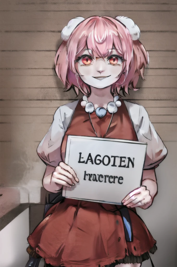 highres, inaba tewi, short hair, carrot necklace, short sleeves, pink dress, evil smile, holding sign, height chart,