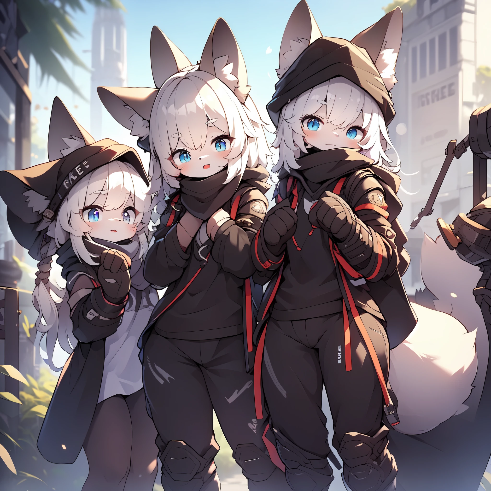 Kawaii, Striped Fluffy Fox, emaciated, long hair, 3girls, artificial synthetic skin, life support prosthetics, digital headphones, black tight latex bodysuit, white long dress, thigh-high-socks, shorts, loose off-the-shoulder hood open jacket, holsters in thigh, Mechanical boots, tactical knee pads, tactical belted loose Arm Sleeves, cybernetic Display gloves, chest rigs, tactical belts, blue archive halo, bulletproof goggles on forehead, from Ark nights, ray tracing, depth of field, bloom, masterpiece, ccurate, high details, highres