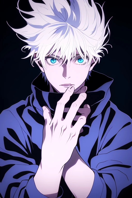 gojou satoru, 1boy, full body, white hair, blue eyes, looking at viewer,
high collar, hair between eyes, black jacket,