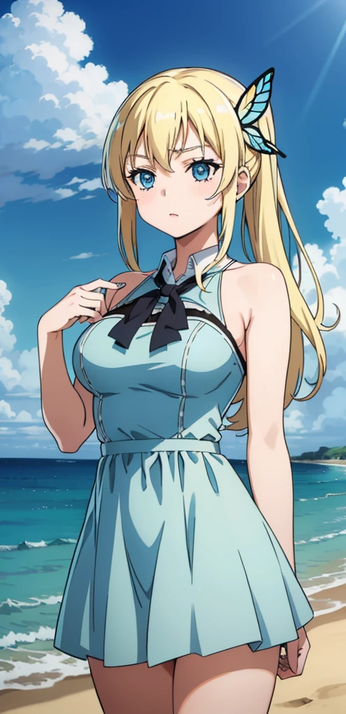 Seina Kashiwazaki, 1girl in, a blond, ponytail, butterfly hair ornament, (medium breast), Light blue dress, (cowboy_shot), sand beach