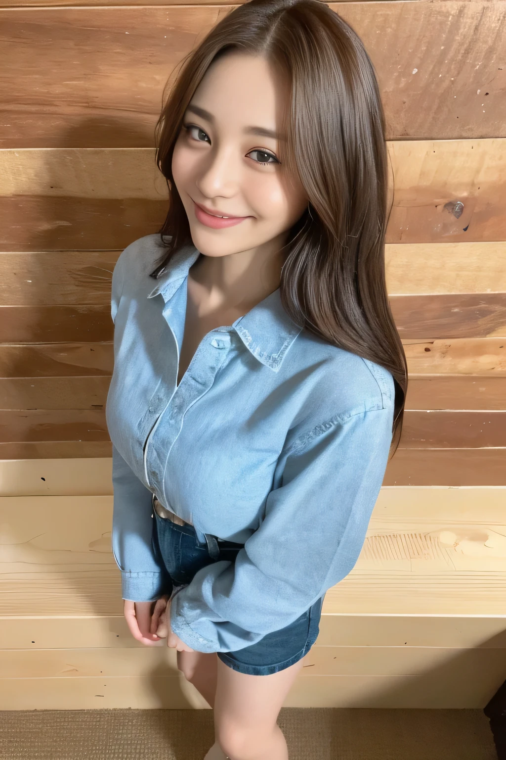 seed:2020674263.((Full body angle:1.1)).((highest quality, 8K, masterpiece:1.3)), ((from below:1.1)).concentrated:1.2, Perfect body beauty:1.4, Hips:1.2, ((Delicate Hair)), (Colorful button-through crop shirt :1.1) , ((highest quality、8K、masterpiece:1.3))、1 Girl、A sloppy smile、Esbian all over、Slim face、Big Boobs、Beautiful woman、(Dark Brown Hair)、Long Hair、1.1、Flickering Valley、Detailed eyes、double eyelid、Blurred Background、超Slim face、Smile、Looking down、stroll、
