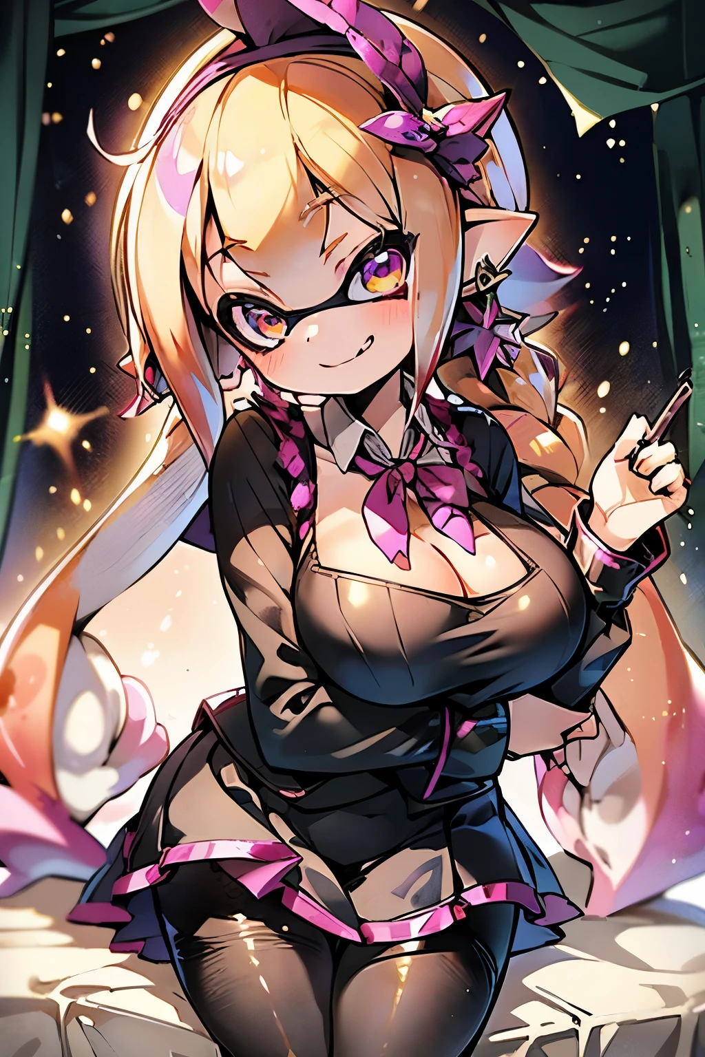 masterpiece、highest quality、High resolution、Real Anime、3D、Splatoon Girl、Cute face、Purple tentacle hair、Long tentacle hair、Golden Eyes、Long eyelashes、Beautiful Eyes、Micro Mini Skirt、((pantyhose))、Picture below、gigantic breast、Cleavage、Tight waist、Bedroom、((school uniform))、blush、Smiling with mouth slightly open、