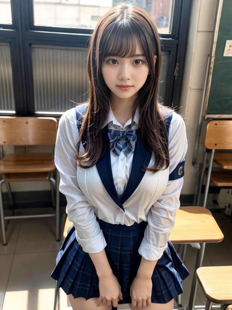 masterpiece, best quality, illustration, Super detailed, fine details, High resolution, 8K,wall paper, perfect dynamic composition,(Details High quality, realistic depiction of eyes:1.3), (2 girls, 2 schoolgirls:1.2), from side, High School Classroom、High school girl uniform、blazer 、Super Short Check Uniform Skirt、Navy blue high socks、garterbelts、Colossal tits、Disturbed uniform, short bob hair, black hair color, huge breasts, Big Natural Color Lip, bold sexy pose, (perfect body shape), crying a little、 Harajuku style、20 year old girl、 beautiful legs, hposing Gravure Idol, Voluptuous thighs