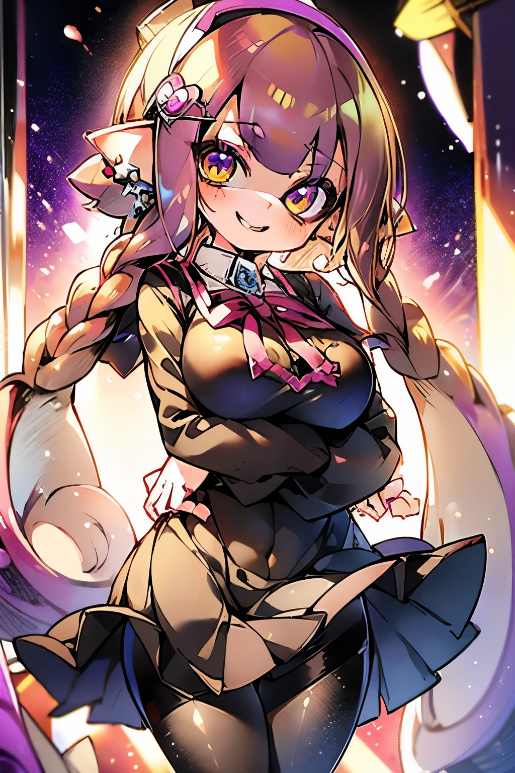 masterpiece、highest quality、High resolution、Real Anime、3D、Splatoon Girl、Cute face、Purple tentacle hair、Long tentacle hair、Golden Eyes、Long eyelashes、Beautiful Eyes、Micro Mini Skirt、((pantyhose))、Picture below、gigantic breast、Cleavage、Tight waist、Bedroom、((school uniform))、blush、Smiling with mouth slightly open、