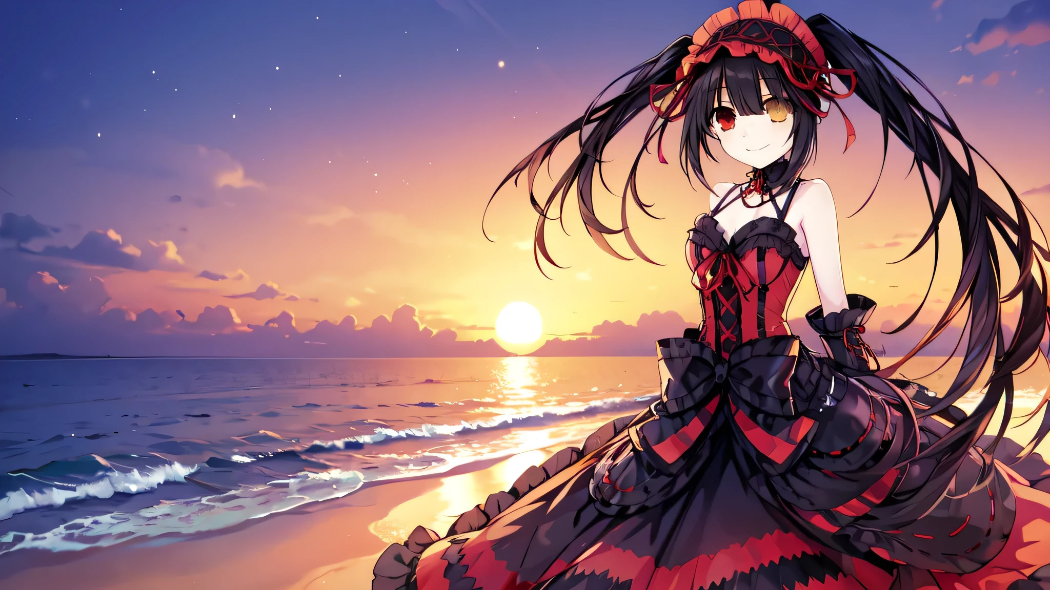 A masterpiece, best quality, seaside, Beach,A girl,arms behind back, long black hair in twin tails, (golden eyes:1.2), heterochromia, (red eyes:1.2), Kurumi Tokisaki, smiling, gothic lolita fashion accessories, victorian maid headdress, black ribbon, muzzle, gothic lolita fashion accessories