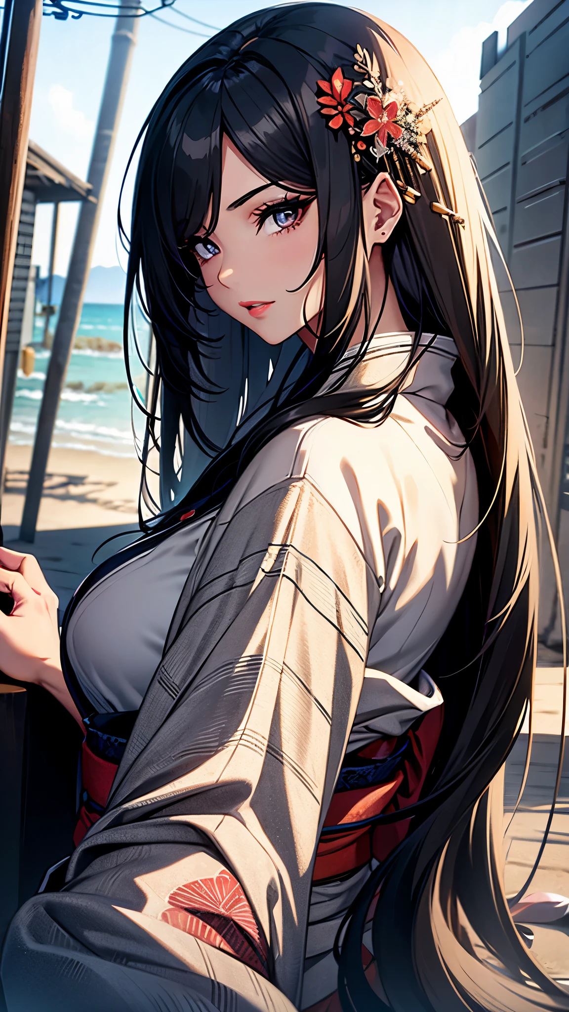 (1girl:1.3), Masterpiece, Best quality, amazing beauty, [[3D]], 4K, absurdres, finely detail, super detailed eye, perfect anatomy, official art, cinematic lighting, BREAK, sandy beach, silky long hair, silky straight hair, black hair, super shiny detailed black eye, big eyes, cute eyes, thick eyebrow, Looking at Viewer(camera), Looking Back, close-mouth, full lips, Eyeliner, False eyelashes, red lips, hairpin, happy face, BREAK , big breasts, tall, slender, glistening skin, sitting, She puts on her cheekbones, face close-up,  from front, BREAK , , BREAK,(kimono:1.3)