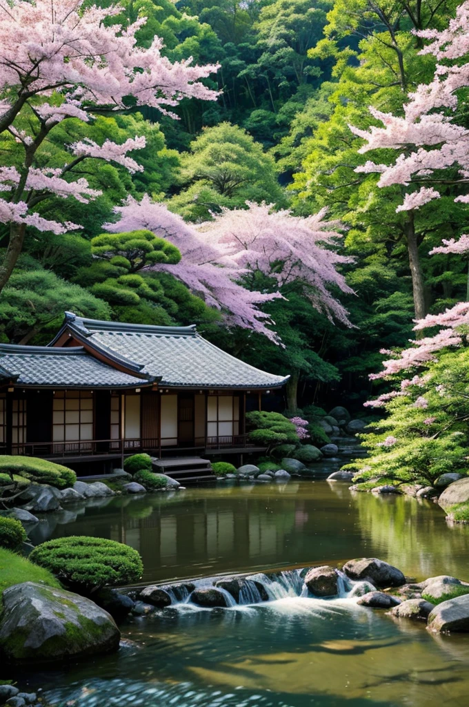 Create a serene anime scene set in a lush, vibrant spring landscape. Include a cozy, traditional Japanese house by a gently flowing river. Surround the house with a variety of blooming trees and flowers, with birds fluttering around and singing. The sky is bright and clear, with a few fluffy clouds drifting lazily. Capture the essence of tranquility and natural beauty in this idyllic setting