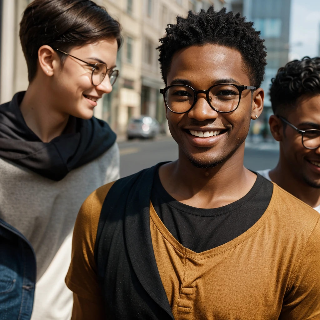 A cinematic photograph of four juxtaposed portraits of a young black man with short hair, in a vibrant urban setting. Each portrait captures a distinct phase of joy with different head positions and variation in the use of glasses: one frontal, without glasses, simply smiling warmly; a left winger, with glasses, laughing with joy with shining eyes; a right winger, without glasses, making an amused face; and a superior, with glasses, looking up with a radiant expression. The scene must include soft light that highlights the contours of the face, sharp details in HDR, with 8K resolution, emphasizing the texture of the skin and the shine of the glasses.