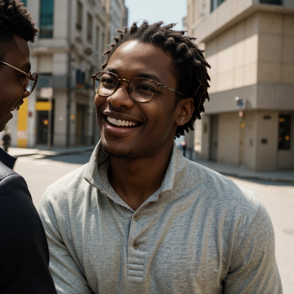 A cinematic photograph of four juxtaposed portraits of a young black man with short hair, in a vibrant urban setting. Each portrait captures a distinct phase of joy with different head positions and variation in the use of glasses: one frontal, without glasses, simply smiling warmly; a left winger, with glasses, laughing with joy with shining eyes; a right winger, without glasses, making an amused face; and a superior, with glasses, looking up with a radiant expression. The scene must include soft light that highlights the contours of the face, sharp details in HDR, with 8K resolution, emphasizing the texture of the skin and the shine of the glasses.