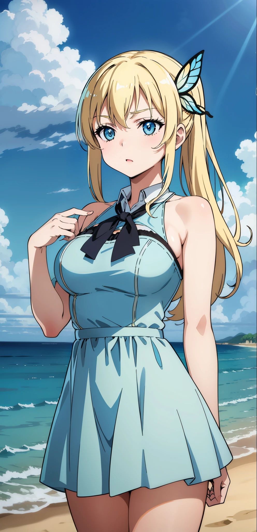 Seina Kashiwazaki, 1girl in, a blond, ponytail, butterfly hair ornament, (medium breast), Light blue dress, (cowboy_shot), sand beach