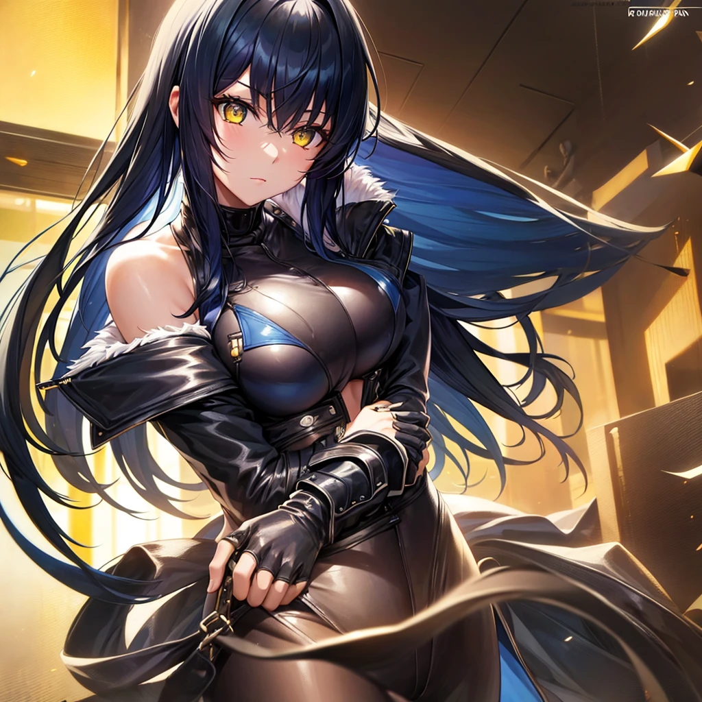 anime girl, blue and black hair, yellow eyes, long hair, leather suit, beautiful woman, hug,