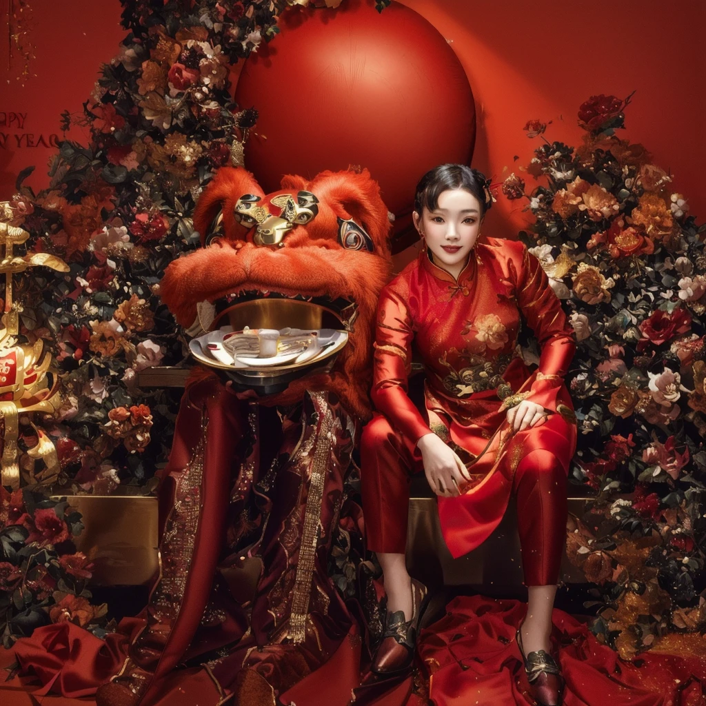 araffe with a red costume sitting next to a red lion, sha xi, chinese new year in shanghai, wearing a red cheongsam, with acient chinese clothes, chinese style, inspired by Pu Hua, ao dai, trending ,, tang mo, inspired by Gong Xian, wearing red attire, shui mo hua, 👰 🏇 ❌ 🍃