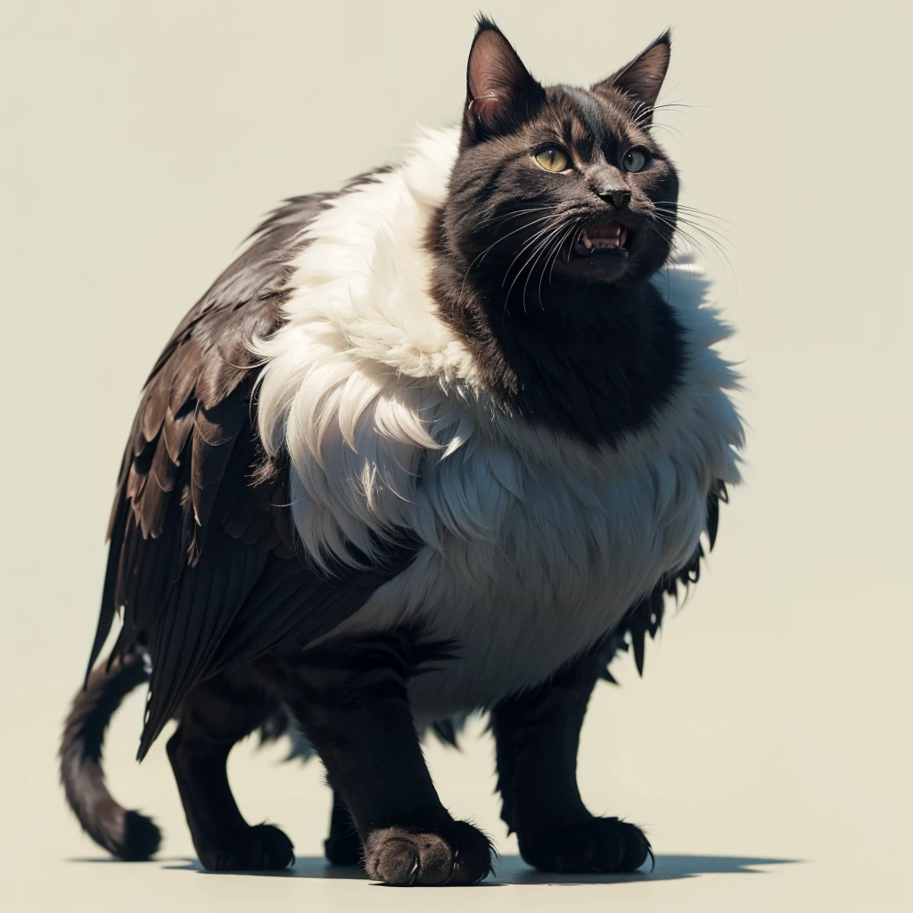 Animaly, has oranye stripes on his skin, (has long fangs), his body is shaped like a cat but his face is like a bird, Grassroots background