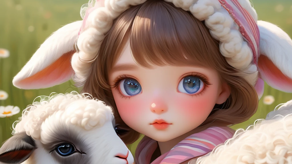 1girl, beautiful detailed eyes, beautiful detailed lips, extremely detailed face, longeyelashes, cloud, fluffy, sheep, solo, striped, vertical stripes, best quality, 8k, highres, masterpiece:1.2, ultra-detailed, realistic, photorealistic:1.37, HDR, studio lighting, ultra-fine painting, sharp focus, physically-based rendering, extreme detail description, professional, vivid colors, bokeh, fantasy, dreamlike, serene, pastel colors