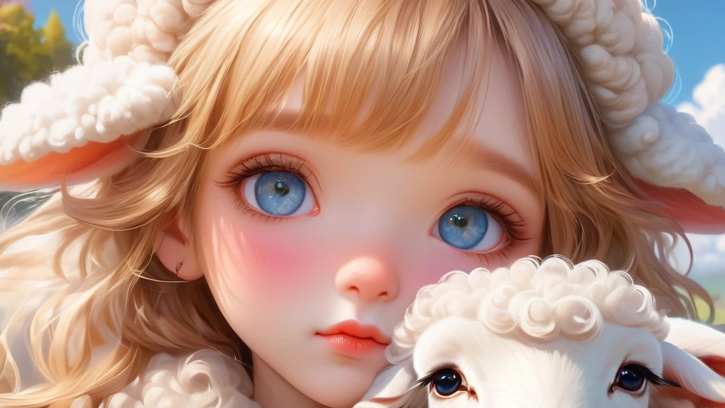 1girl, beautiful detailed eyes, beautiful detailed lips, extremely detailed face, longeyelashes, cloud, fluffy, sheep, solo, striped, vertical stripes, best quality, 8k, highres, masterpiece:1.2, ultra-detailed, realistic, photorealistic:1.37, HDR, studio lighting, ultra-fine painting, sharp focus, physically-based rendering, extreme detail description, professional, vivid colors, bokeh, fantasy, dreamlike, serene, pastel colors