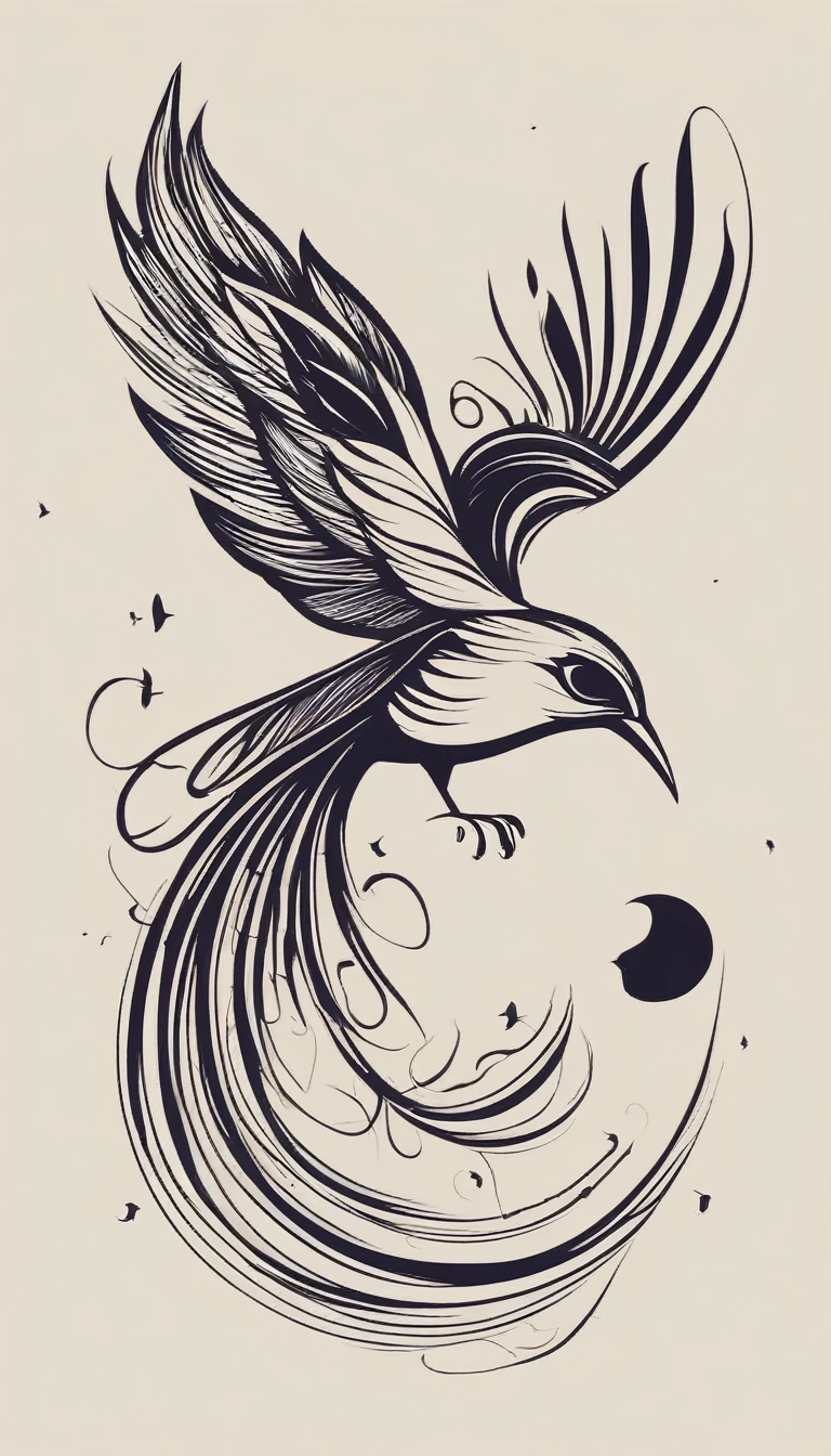Create a poetic, unique symbol for a film production company based on stories and music. The logo should be a Boy Guitarist, A Storyteller Fantasy Bird and a Dreamy Feather. Minimalist symbol design