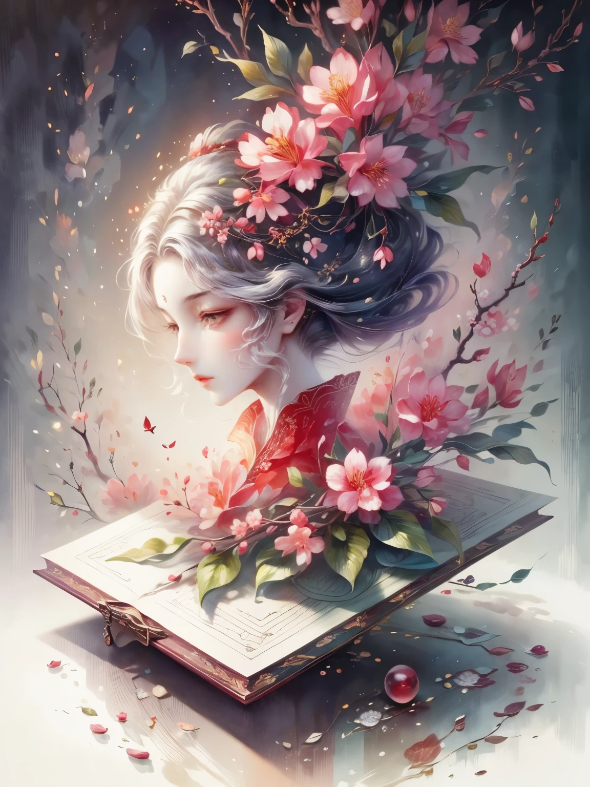 1 plum blossom, vintage botanical illustration, highly detailed, ultra-detailed, masterpiece, best quality, 4k, 8k, photorealistic, dramatic lighting, intricate, lush, ornate, victorian, antique, old book, encyclopedia, botanical, scientific illustration