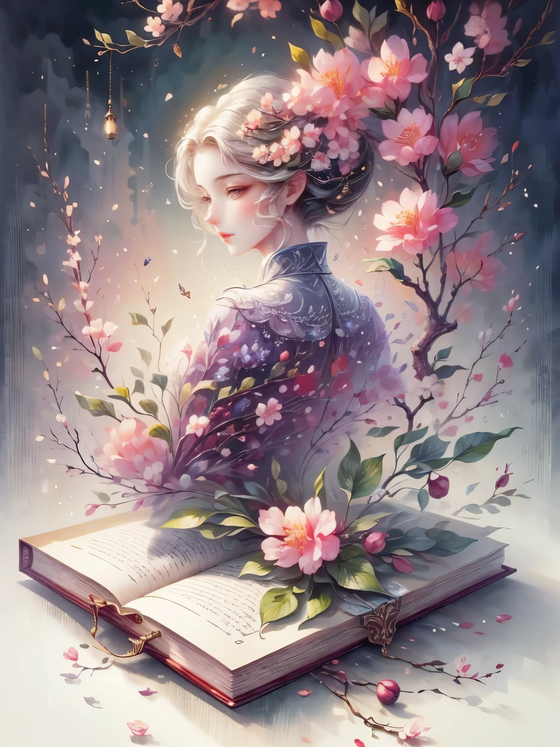 1 plum blossom, vintage botanical illustration, highly detailed, ultra-detailed, masterpiece, best quality, 4k, 8k, photorealistic, dramatic lighting, intricate, lush, ornate, victorian, antique, old book, encyclopedia, botanical, scientific illustration
