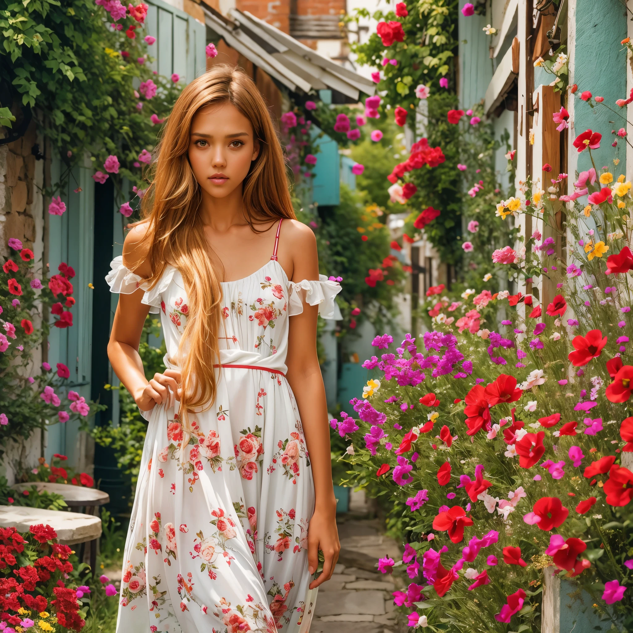 (Jessica Alba:1.2), slim, skinny, beautiful face, slim face, Irish teenager slim model, very small perky breasts, narrow hips, standing position, long slim legs, red hair, freckles, shy pose, (small town street from the 80s in the background, wearing a light white summer dress with flowers, red hair, shy, -yeld gi long legs, narrow waist, narrow hips, slim, beautiful teenager) (model's clothes: light summer dress with straps, red flowers: 1.2) (teen model, 15 years Ethereal beauty, slim, red hair, green eyes, flat perky chest, Soft light, ((David Hamilton style)), full body image, masterpiece, best quality , photorealistic, 8K, high resolution, detailed skin, 8K UHD, digital SLR, soft lighting, high quality, film grain, FUJI XT3