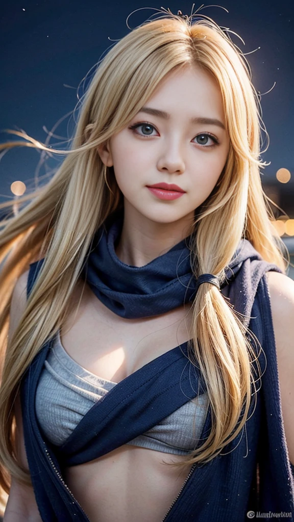 One girl, (((Ahoge))), Blonde Hair, Throw kiss, blue eyes, blue scarf, Cleavage, Mouth closed, Floating Hair, Lip tick, Long Hair, View Viewer, compensate, night null, nose, Close one eye, pink 唇, Portraiture, Realistic, sign, smile, alone, null間, spoken heart, star (null), Half Body, watermark, Yang Xiao Long, :1.5