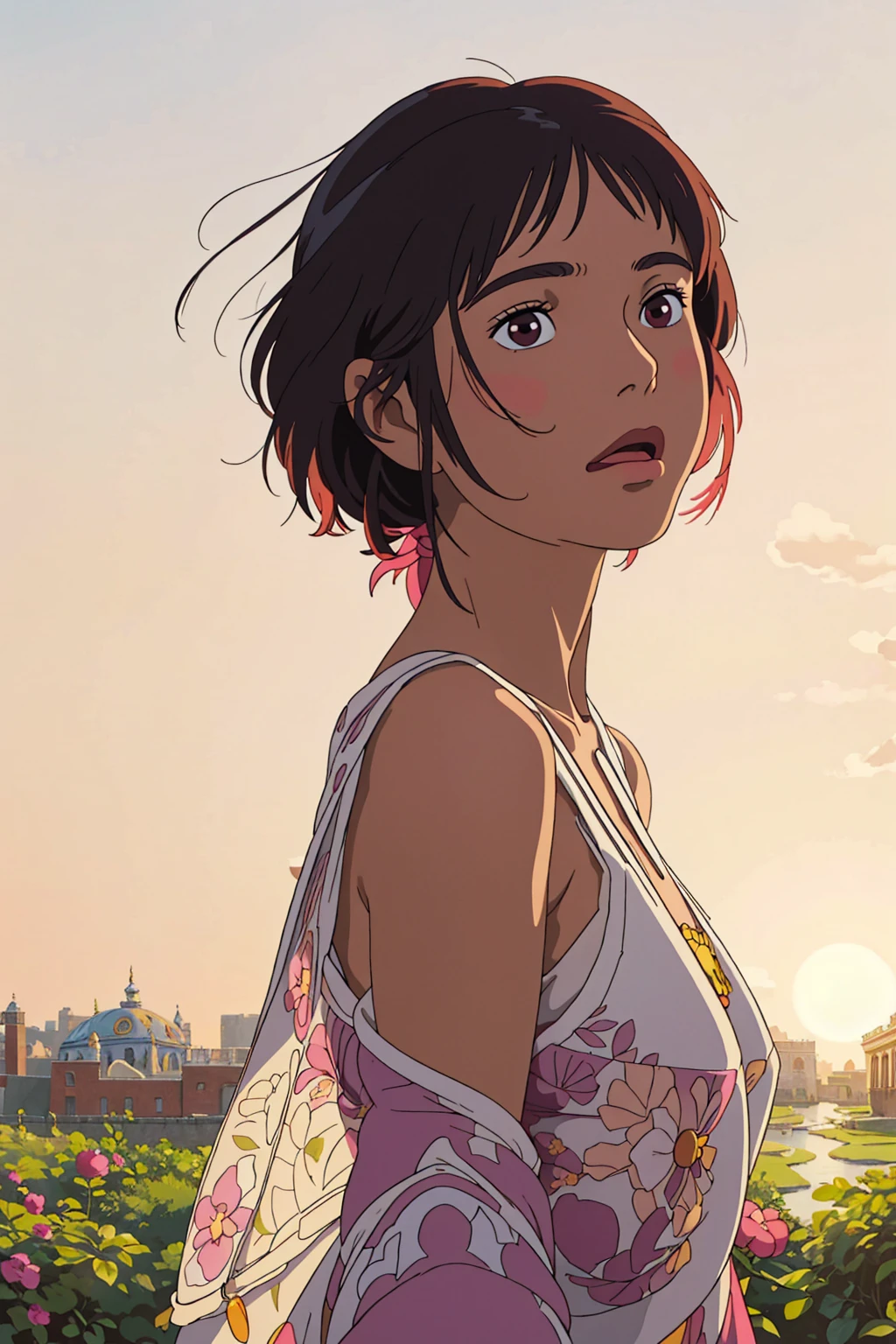 A woman poses for a photo, Beautiful Latin face, Ghibli style, ((masterpiece)),((best quality)),(detailed),illustration,8K,rich and colorful, High contrast