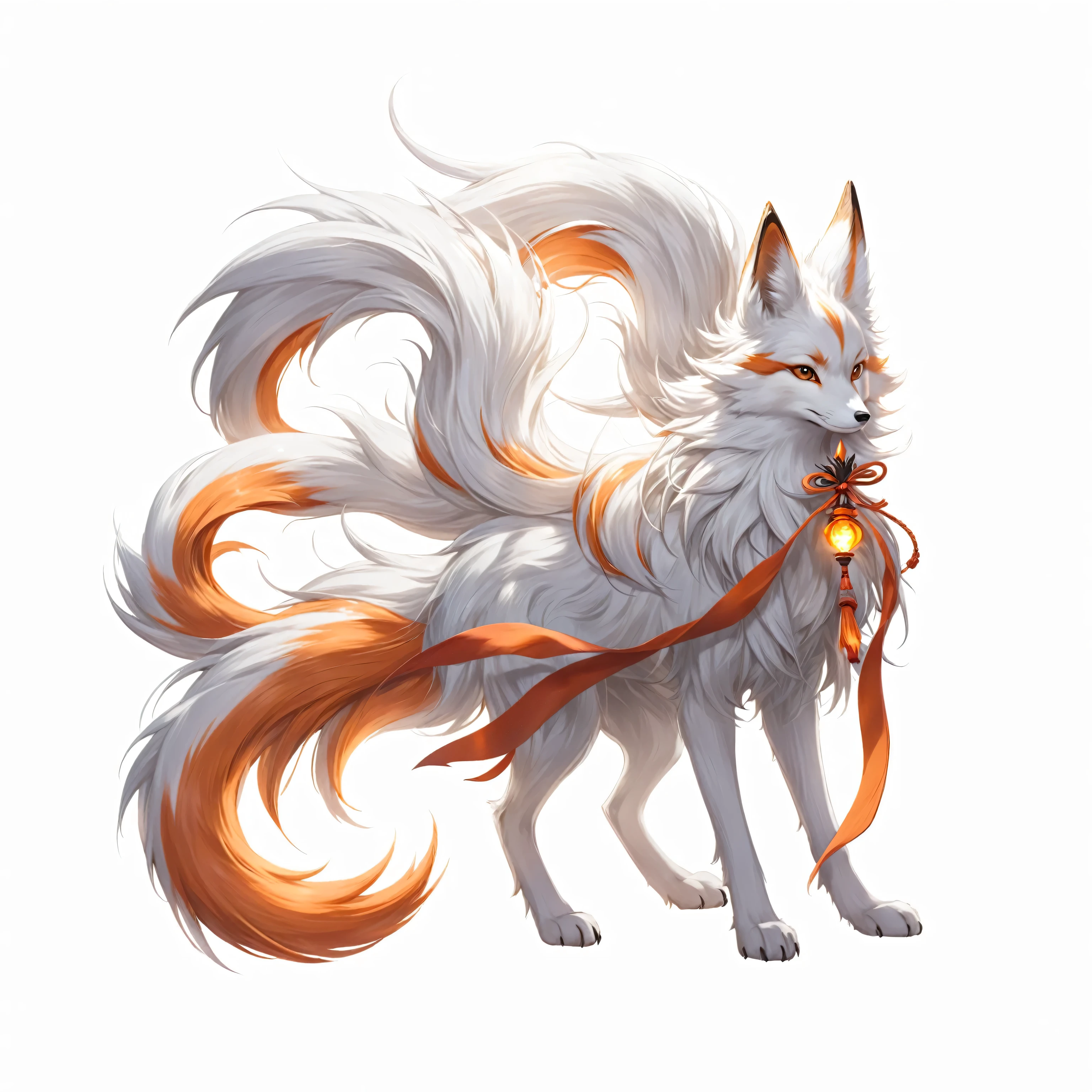 Anime style illustration of a white and orange furry animal with a long tail, fox Three-tailed fox, Nine Tails, fox, ethereal fox, Three-tailed fox, Nine Stories, fox holding torch, White Fox, fox and bush, Water, Very very beautiful furry art, Onmyoji Detailed Art, White Fox Animation