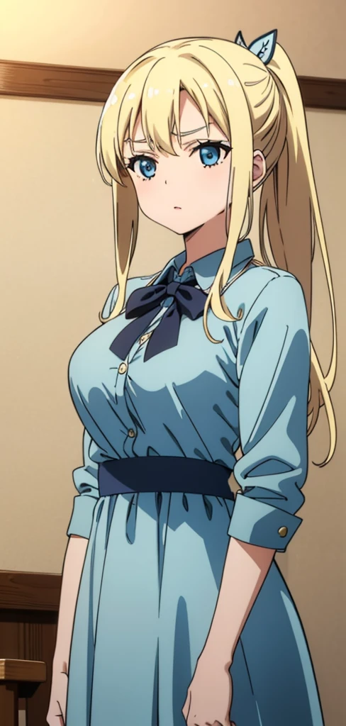 Seina Kashiwazaki, 1girl in, a blond, ponytail, hair ornament, (medium breast), Light blue dress, (cowboy_shot), indoors.