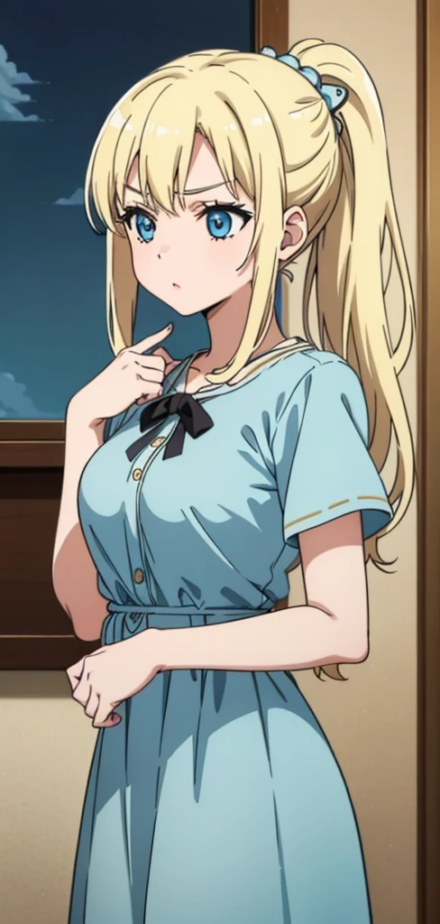 Seina Kashiwazaki, 1girl in, a blond, ponytail, hair ornament, (medium breast), Light blue dress, (cowboy_shot), indoors.