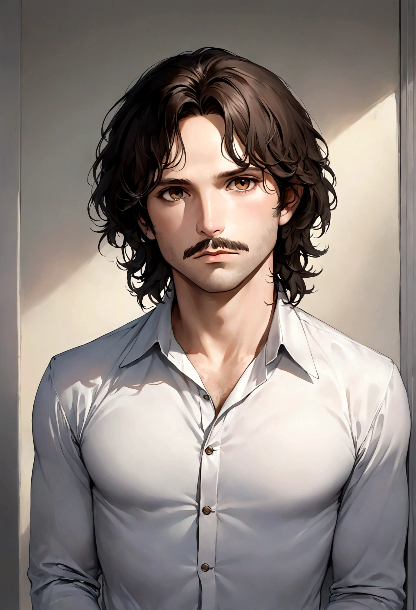 (traje de etiqueta para hombre), ), ((bigote estilo Van Dyke y barba estilo candado)), (light brown eyes), Aspecto atractivo y serio, cabello largo oscuro, messy hair, Elegante y con estilo, Camiseta de cuerpo fuerte , Un hombre similar al actor Jim Morrison, (Imagen realista y de alta calidad), Apartamento escandinavo en el fondo simple de un cuarto, ((La mejor calidad, 8K, obra maestra).((pose dinamica))