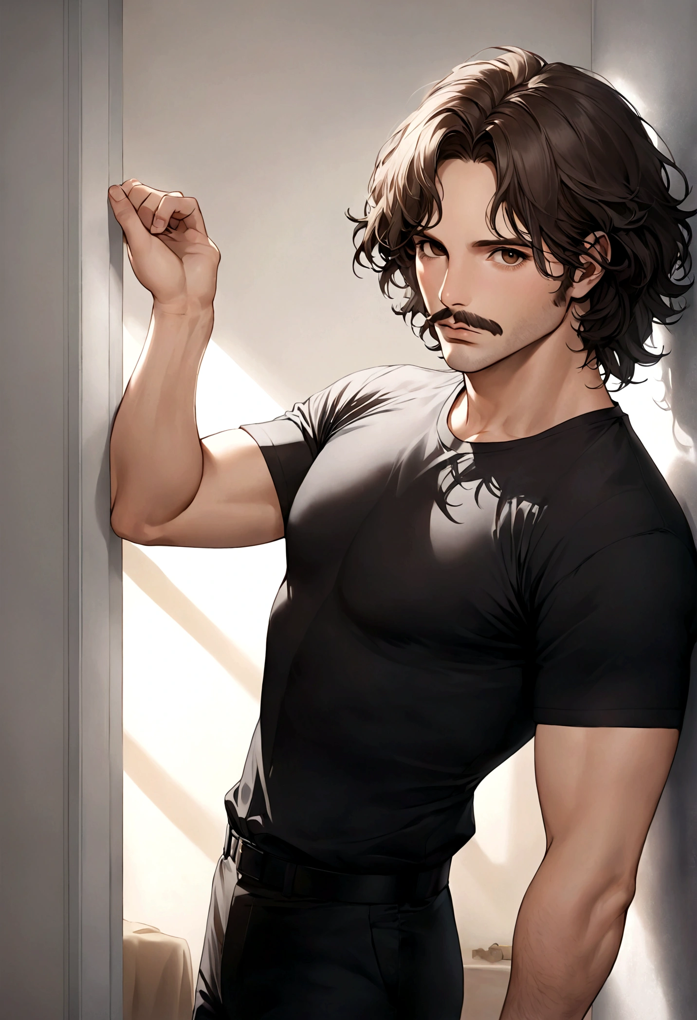 (traje de etiqueta para hombre), ), ((bigote estilo Van Dyke y barba estilo candado)), (light brown eyes), Aspecto atractivo y serio, cabello largo oscuro, messy hair, Elegante y con estilo, Camiseta de cuerpo fuerte , Un hombre similar al actor Jim Morrison, (Imagen realista y de alta calidad), Apartamento escandinavo en el fondo simple de un cuarto, ((La mejor calidad, 8K, obra maestra).((pose dinamica))