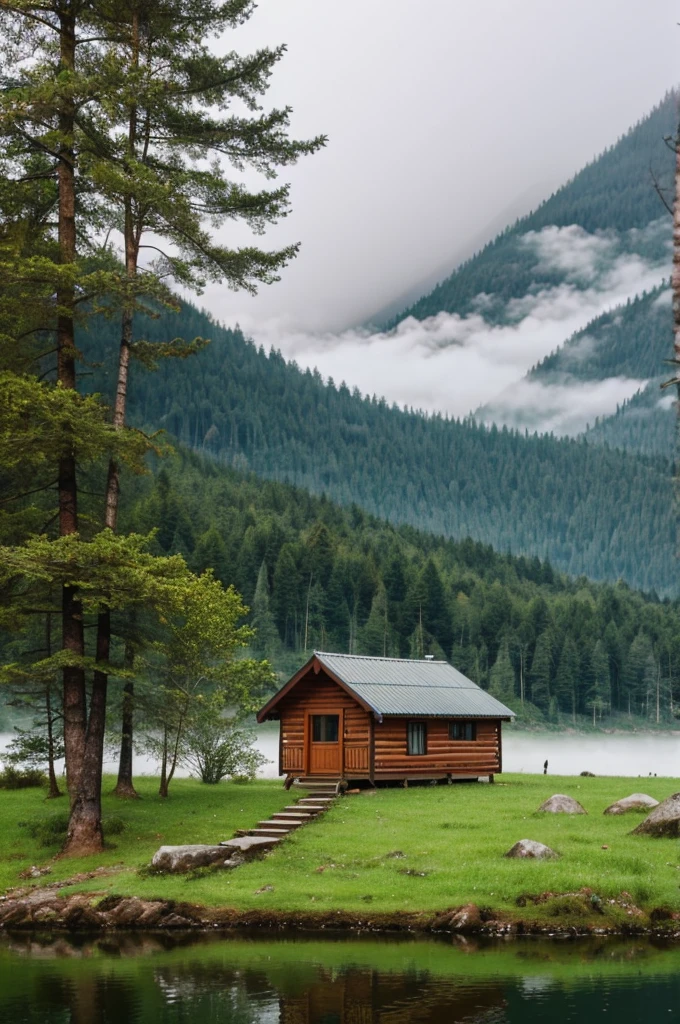 wonderfull landsape with mountains and forest, we can see a little wood cabine close to a lake in a far. foggy