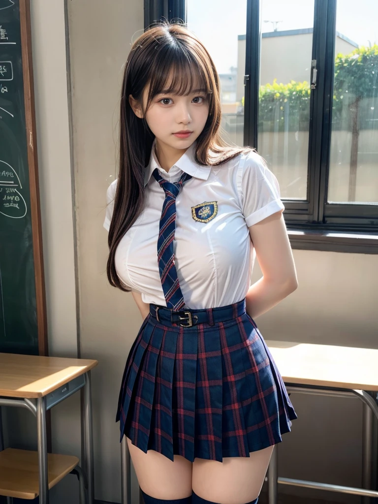 (Best quality,masterpiece,ultra detailed,8K,RAW photo,realistic,high resolution:1.2),(Pretty Japanese girl),(Super huge tits:1.4),(light brown hair),(school uniform,white shirt,pleated skirt:1.4),(voluptuous:1.5),(shoulder length),(light smile),(thick:1.4)