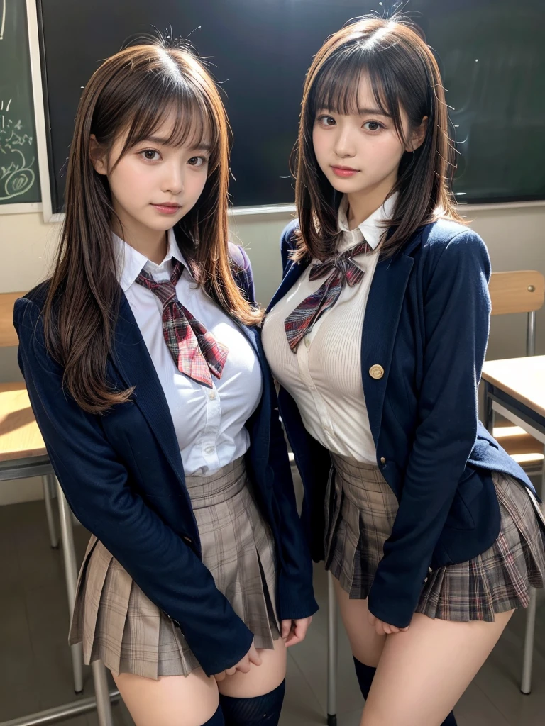 masterpiece, best quality, illustration, Super detailed, fine details, High resolution, 8K,wall paper, perfect dynamic composition,(Details High quality, realistic depiction of eyes:1.3), (2 girls, 2 schoolgirls:1.2), from side, High School Classroom、High school girl uniform、blazer 、Super Short Check Uniform Skirt、Navy blue high socks、garterbelts、Colossal tits、Disturbed uniform,  short bob hair, black hair color, huge breasts, Big Natural Color Lip, bold sexy pose, (perfect body shape), crying a little、 Harajuku style、20 year old girl、 beautiful legs, hposing Gravure Idol, Voluptuous thighs