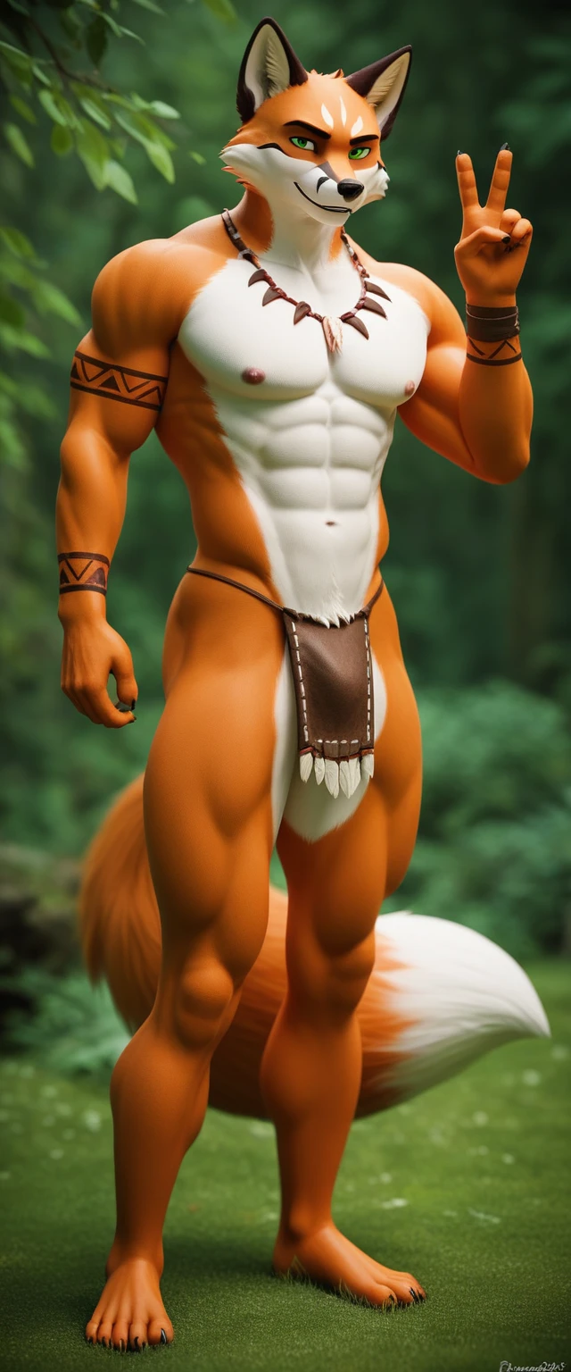 score_9, score_8_up, score_7_up, rating_safe,source_furry,anthro,source_3D, A cinematic and ultra realistic illustration of a fox character Adult muscular male Alone in the forest looking at the viewer A handsome Indian in tribal clothes and tribal tattoos And a village in the background too green Eyes And a gesture of peace and love (Animal genitalia visible and showing under sexy thong) (Now to match the character with a very naughty look)