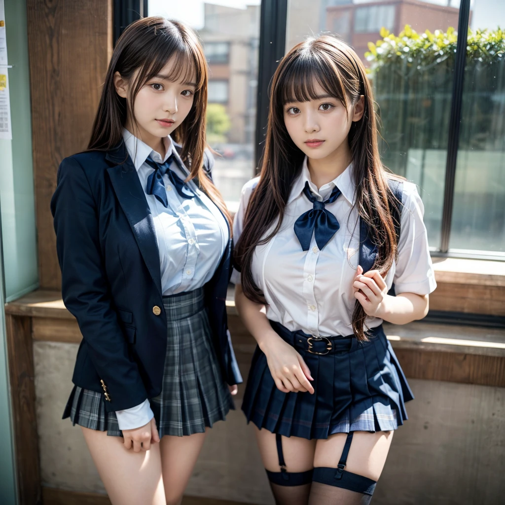 masterpiece, best quality, illustration, Super detailed, fine details, High resolution, 8K,wall paper, perfect dynamic composition,(Details High quality, realistic depiction of eyes:1.3), (2 girls, 2 schoolgirls:1.2), from side, High School Classroom、High school girl uniform、blazer 、Super Short Check Uniform Skirt、Navy blue high socks、garterbelts、Colossal tits、Disturbed uniform, short bob hair, black hair color, huge breasts, Big Natural Color Lip, bold sexy pose, (perfect body shape), crying a little、 Harajuku style、20 year old girl、 beautiful legs, hposing Gravure Idol, Voluptuous thighs