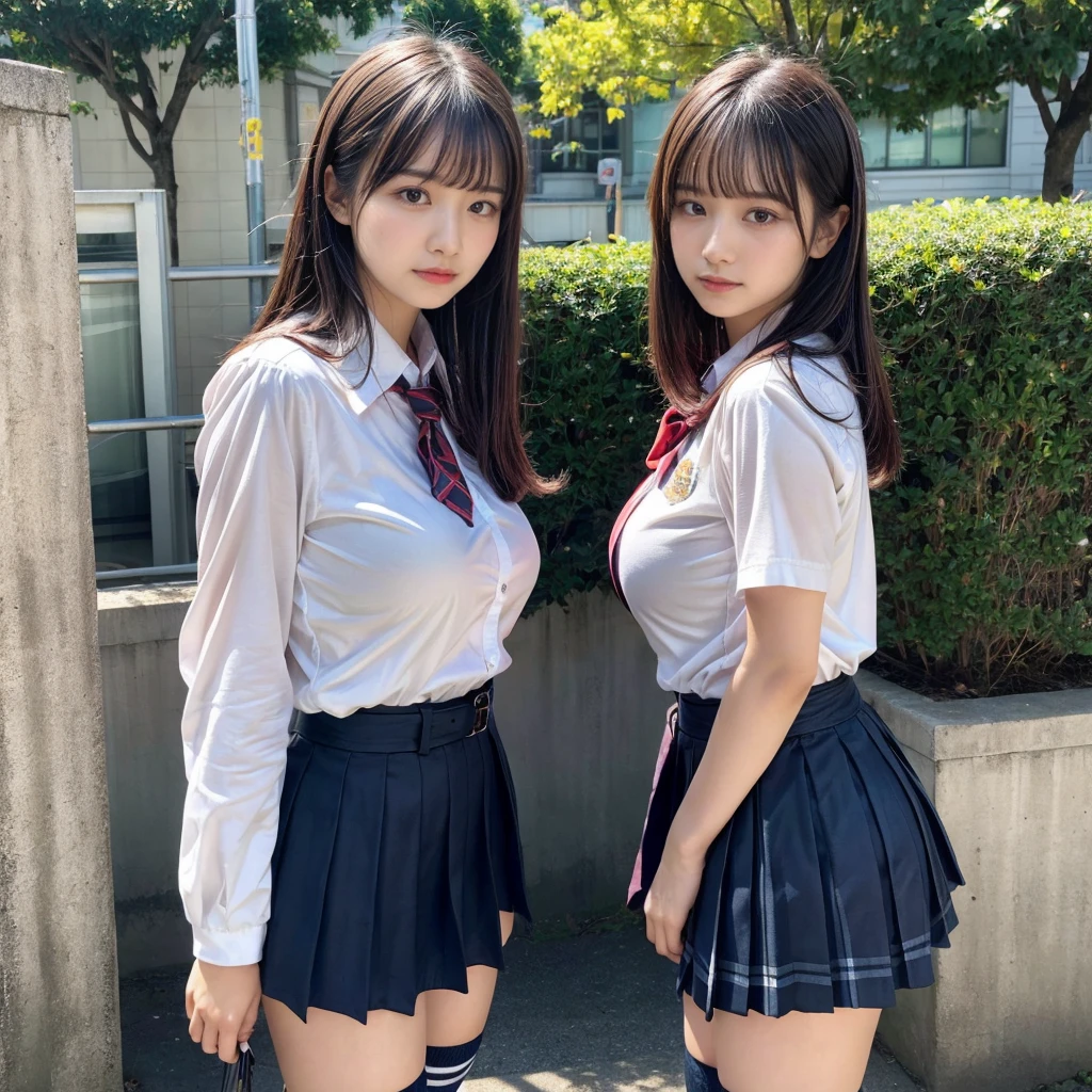 masterpiece, best quality, illustration, Super detailed, fine details, High resolution, 8K,wall paper, perfect dynamic composition,(Details High quality, realistic depiction of eyes:1.3), (2 girls, 2 schoolgirls:1.2), from side, High School Classroom、High school girl uniform、blazer 、Super Short Check Uniform Skirt、Navy blue high socks、garterbelts、Colossal tits、Disturbed uniform, short bob hair, black hair color, huge breasts, Big Natural Color Lip, bold sexy pose, (perfect body shape), crying a little、 Harajuku style、20 year old girl、 beautiful legs, hposing Gravure Idol, Voluptuous thighs
