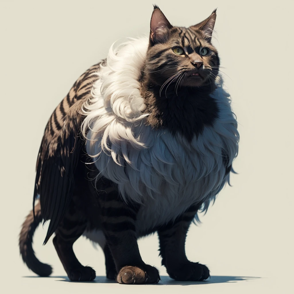Animaly, has oranye stripes on his skin, (has long fangs), his body is shaped like a cat but his face is like a bird, Grassroots background 