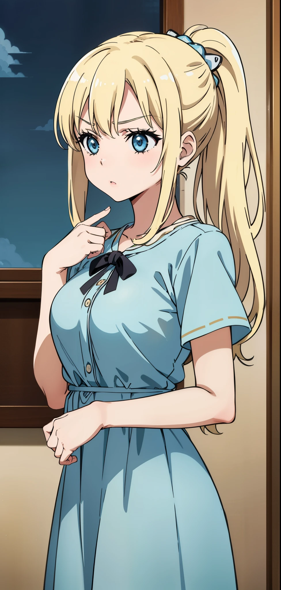 Seina Kashiwazaki, 1girl in, a blond, ponytail, hair ornament, (medium breast), Light blue dress, (cowboy_shot), indoors.