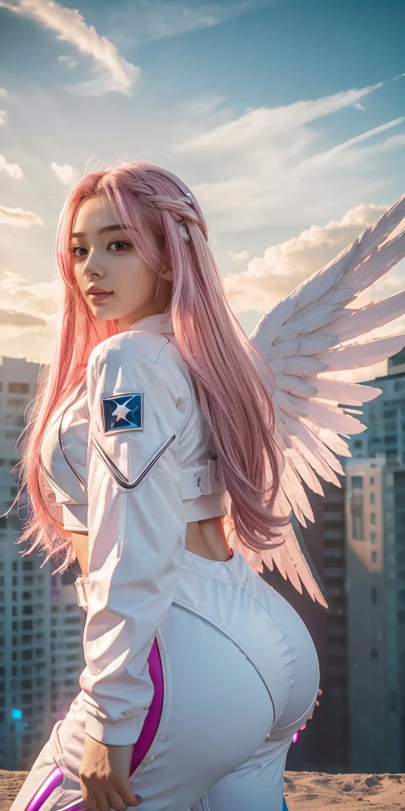 ((masterpiece, best quality, extremely detailed), volumetric lighting, ambient occlusion, colorful, glowing),
1girl, solo, young girl, (pink hair), long hair, halo, aura, sacred, godness, cyber suit, (white outfit:1.3), android, bot, angel wings,
outdoors, sunset, sky, clouds, space, (cyberpunk theme:1.2),