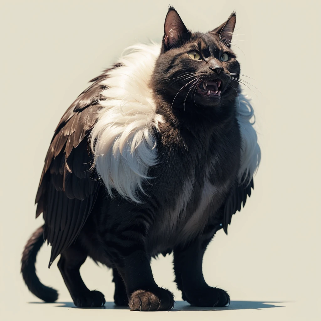 Animaly, has oranye stripes on his skin, (has long fangs), his body is shaped like a cat but his face is like a bird, Grassroots background 