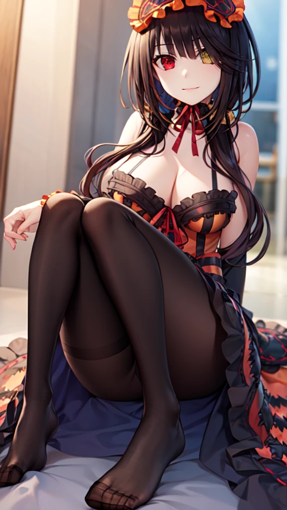 a masterpiece, best quality, 8k, photorealistic, 1 girl, beach, reaching forward, long black twin tails, (golden eyes:1.2), heterochromia, (red eyes:1.2), Kurumi Tokisaki, smiling, gothic ta accessories, Victorian maid headdress, black ribbon, maid outfit,Sitting posture, (Lift the soles of your feet)(Black silk pantyhose)