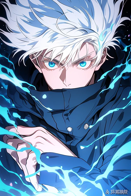 gojou satoru, 1boy, full body, white hair,  blue eyes, looking at viewer,
high collar, hair between eyes, black jacket,
 