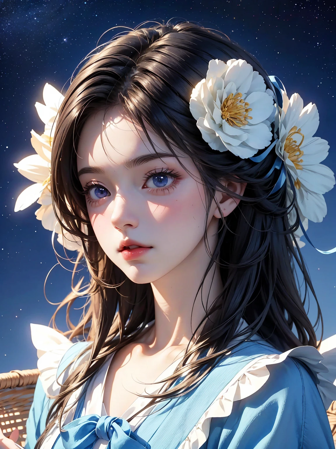 There was a girl with a basket of flowers on her head,Gorgeous and fashionable starry blue clothes， Realistic anime 3D style, Realistic animation girl render, 3D animation realistic, Anime styled 3d,  Rendering a cute 3D anime girl, Realistic animation, surreal anime, Anime realism style, Anime style. 16K