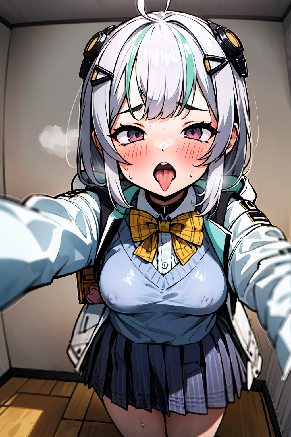 1girl in, masutepiece, Best Quality,selfee,Troubled face,Nikkeadomi, Standing, Solo, Pleated skirt, white longcoat, Plaid, Hair Ornament, bowtie, Sweater Vest, blush, White jacket, grey sweater, yellow bowtie, Small breasts, backpack, White socks, Long sleeves,((solo girl)),nsfw,(POV),pressing lips together,kissing mouth,sweaty saliva,front view,lustrous lips,face up,((half Open eyes)),have a runny nose,Sweaty and blushing body, open arms forward,hug,open mouth,tongue out,love hotel room background, saliva, sweat,pov, Looking at Viewer,saliva, sweat,incoming hug, incoming kiss,(open arms),Sweaty body,