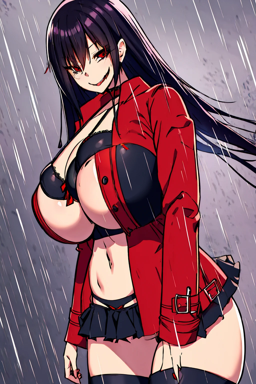 Kuchisake-onna Super Extra large breasts breast enlargement, red coat, long hair, red eyes, black garter stockings, black bikini full-body shot, looking at the camera, standing alone in the rain, holding a large scissor in her right hand, cracked lip, stitches, smiling