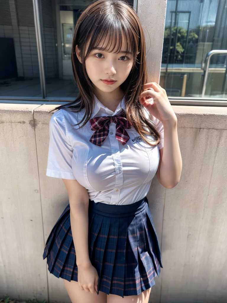 masterpiece, best quality, illustration, Super detailed, fine details, High resolution, 8K,wall paper, perfect dynamic composition,(Details High quality, realistic depiction of eyes:1.3), (2 girls, 2 schoolgirls:1.2), from side, High School Classroom、High school girl uniform、blazer 、Super Short Check Uniform Skirt、Navy blue high socks、garterbelts、Colossal tits、Disturbed uniform, short bob hair, black hair color, huge breasts, Big Natural Color Lip, bold sexy pose, (perfect body shape), crying a little、 Harajuku style、20 year old girl、 beautiful legs, hposing Gravure Idol, Voluptuous thighs