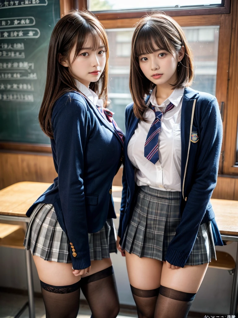 masterpiece, best quality, illustration, Super detailed, fine details, High resolution, 8K,wall paper, perfect dynamic composition,(Details High quality, realistic depiction of eyes:1.3), (2 girls, 2 schoolgirls:1.2), from side, High School Classroom、High school girl uniform、blazer 、Super Short Check Uniform Skirt、Navy blue high socks、garterbelts、Colossal tits、Disturbed uniform,  short bob hair, black hair color, huge breasts, Big Natural Color Lip, bold sexy pose, (perfect body shape), crying a little、 Harajuku style、20 year old girl、 beautiful legs, hposing Gravure Idol, Voluptuous thighs