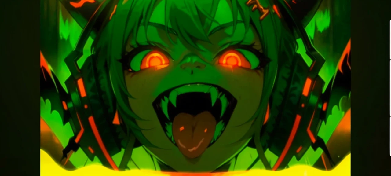 Close-up of a person with green hair and red eyes, smile and sparkling eyes, red eyes, ahegao face, ahegao, bright Diabolical glowing eyes, red eyes, Ghost Slayer Art Style, Demon Slayer Rui Fan Art, anime monster girl, Screenshot from the guro anime, evangelion beast mode, Psychedelic Face, Diabolical! overview!